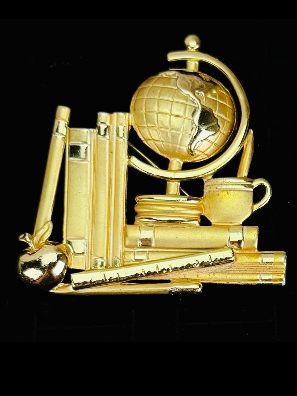 Vintage AJC Teacher School Globe Books Apple Pencil Gold Tone Brooch Pin